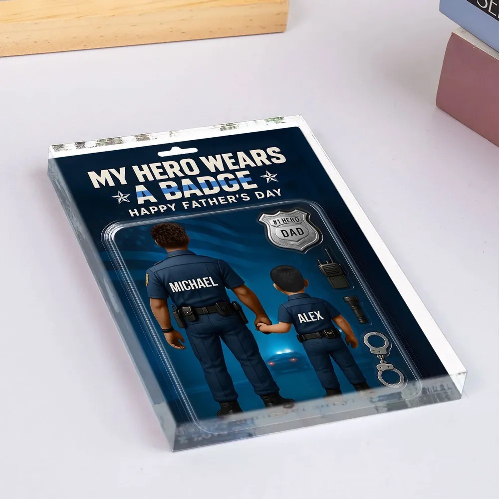Mein Held Trägt Ein Abzeichen – Polizei-papa, Personalisierte Figur, Acrylblock-plakette, Vatertagsgeschenk Für Papa Oder Ehemann - dephotoblanket
