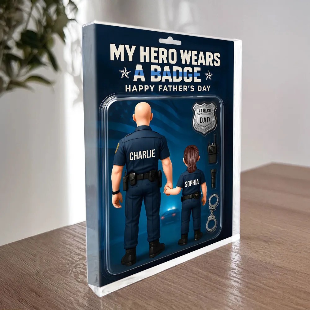 Mein Held Trägt Ein Abzeichen – Polizei-papa, Personalisierte Figur, Acrylblock-plakette, Vatertagsgeschenk Für Papa Oder Ehemann - dephotoblanket