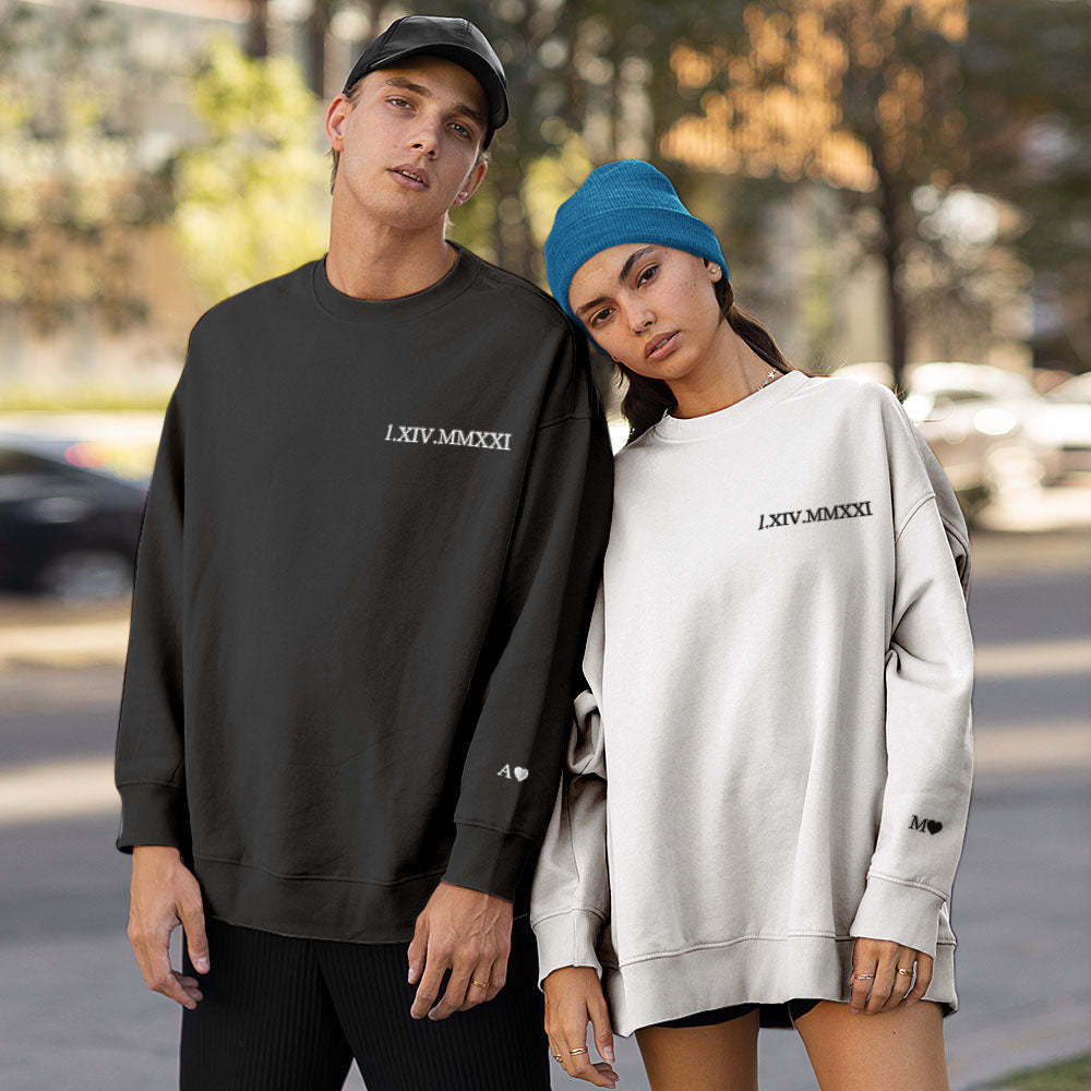 Individuell Gravierter Kapuzenpullover Mit Stickerei, Rundhalsausschnitt, Römische Ziffer, Datum, Paargeschenke - dephotoblanket