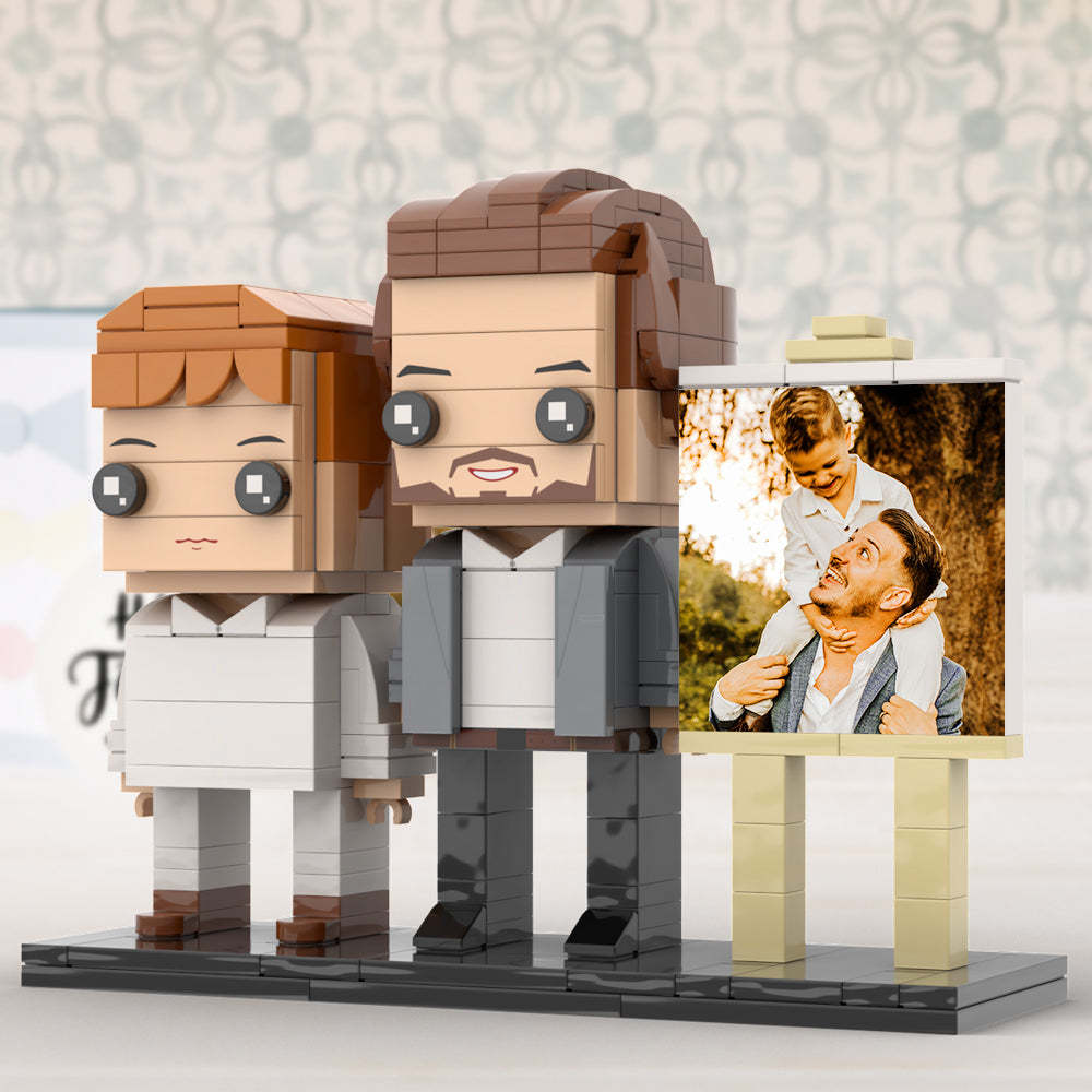 Anpassbarer Ganzkörper-fotorahmen Für 2 Personen, Kleiner Sohn Sitzt Auf Papas Schulter, Personalisierte Ziegelfiguren, Kleines Partikelblock-spielzeug, Personalisierbar Für Den Vatertag - dephotoblanket
