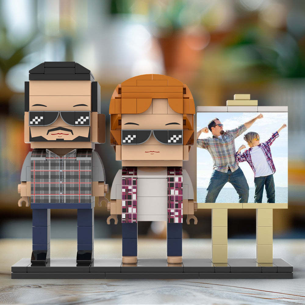 Ganzkörper-anpassbares 2-personen-papa Und Sein Sohn Posieren In Richtung Sonne, Fotorahmen, Personalisierbar, Individuelle Ziegelfiguren, Kleines Partikel-blockspielzeug, Personalisierbar Für Den Vatertag - dephotoblanket