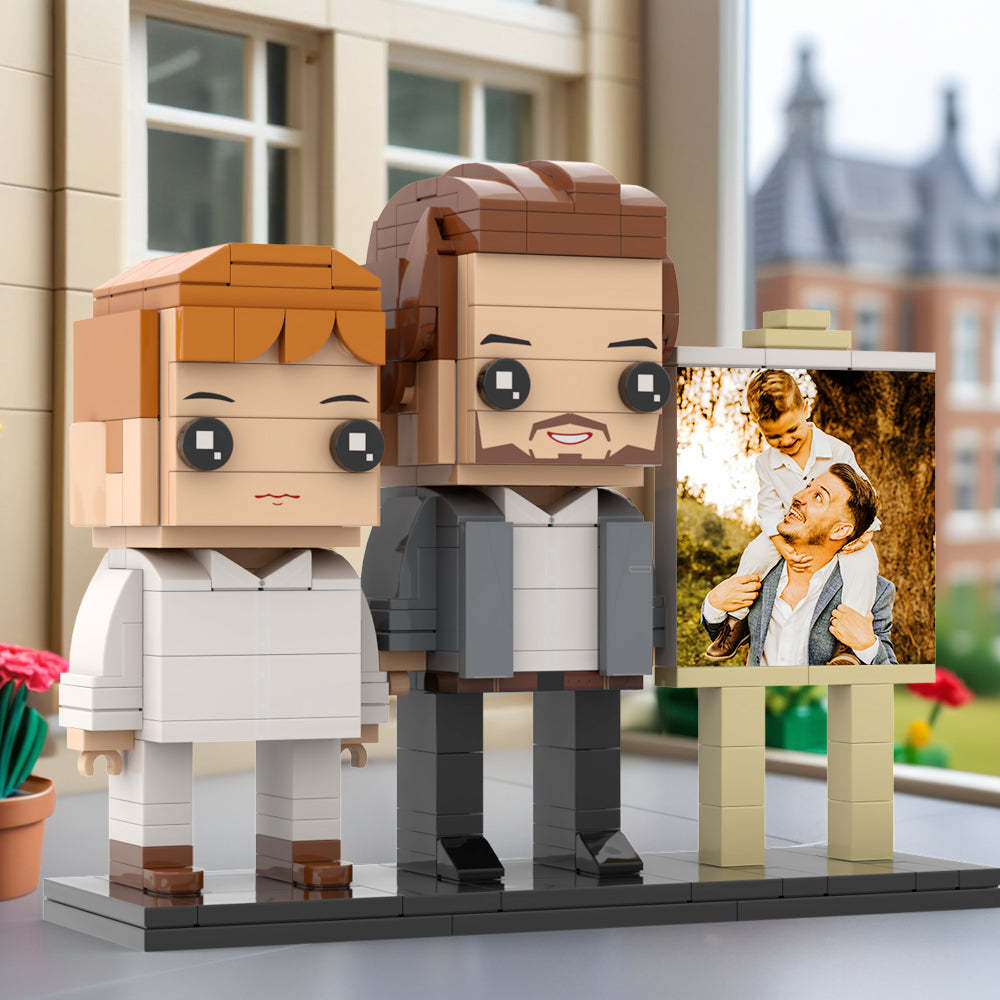 Anpassbarer Ganzkörper-fotorahmen Für 2 Personen, Kleiner Sohn Sitzt Auf Papas Schulter, Personalisierte Ziegelfiguren, Kleines Partikelblock-spielzeug, Personalisierbar Für Den Vatertag - dephotoblanket