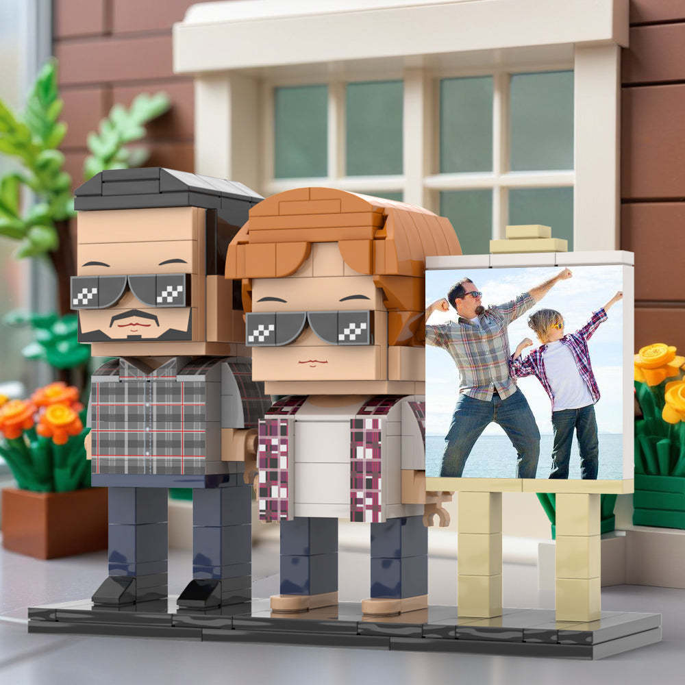 Ganzkörper-anpassbares 2-personen-papa Und Sein Sohn Posieren In Richtung Sonne, Fotorahmen, Personalisierbar, Individuelle Ziegelfiguren, Kleines Partikel-blockspielzeug, Personalisierbar Für Den Vatertag - dephotoblanket