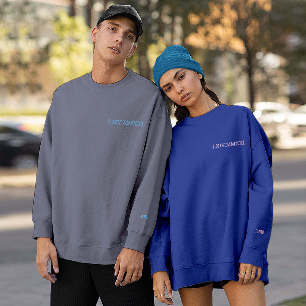 Individuell Gravierter Kapuzenpullover Mit Stickerei, Rundhalsausschnitt, Römische Ziffer, Datum, Paargeschenke - dephotoblanket