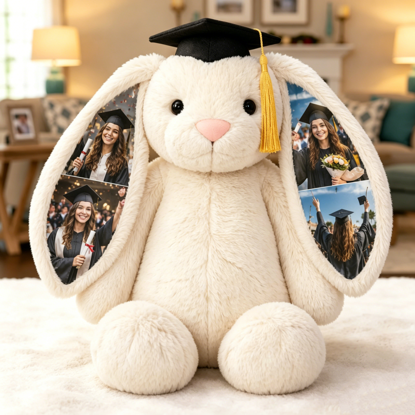 Benutzerdefinierter Fotohase Aus Plüsch, Personalisierter Memory-Hase Mit Verstecktem Ohr Und Abschlusskappe, Geschenk Zum Jahrgang 2026 - dephotoblanket