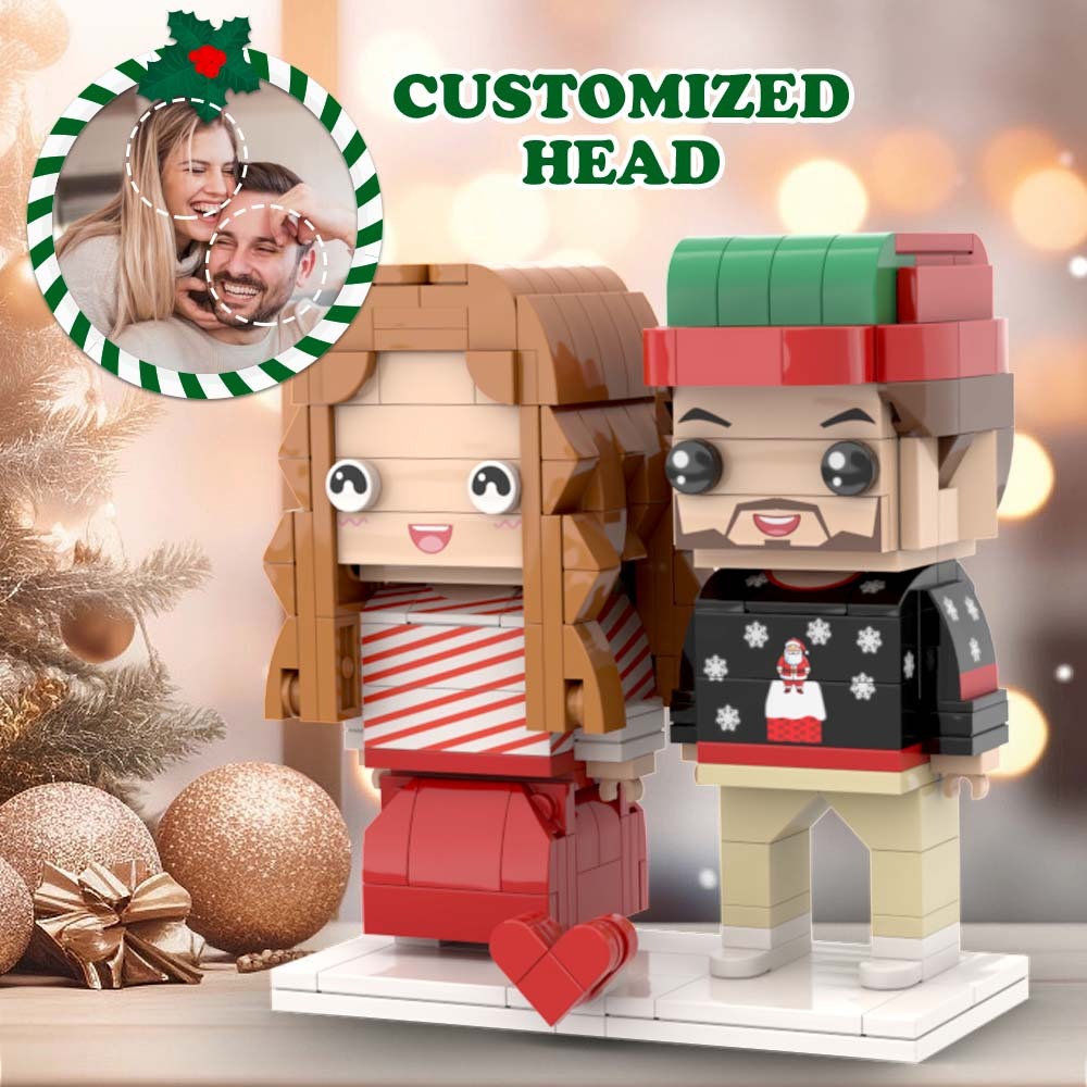 Hässlicher Weihnachtspullover Für Passendes Paar, Rot, Individuell, Quadratisches Gesicht, Gesicht, Ziegelfiguren, Anpassbarer Kopf, 2 Personen, Individuelle Ziegelfiguren - dephotoblanket