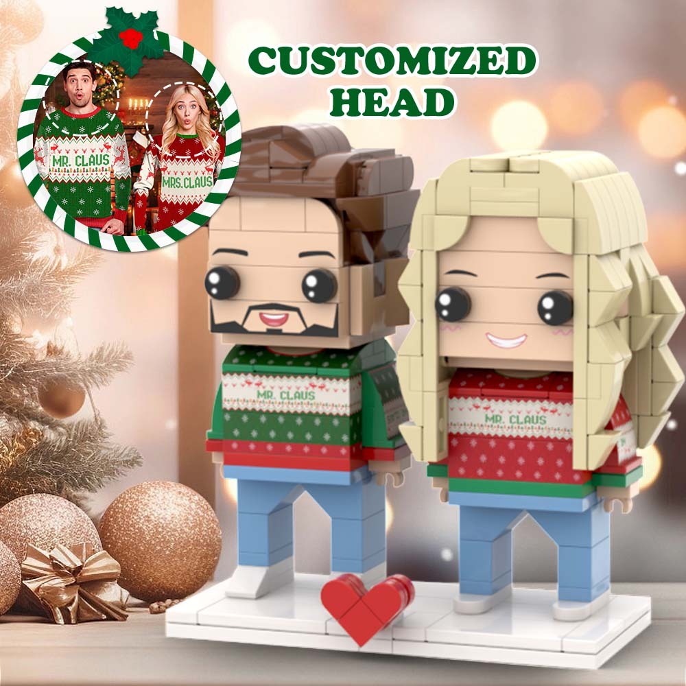 Kostenloser Versand Ugly Christmas Matching Couple Mr Claus And Mrs Claus Sweater Benutzerdefiniertes Gesicht Ziegelfiguren Anpassbarer Kopf 2 Personen Benutzerdefinierte Ziegelfiguren - dephotoblanket