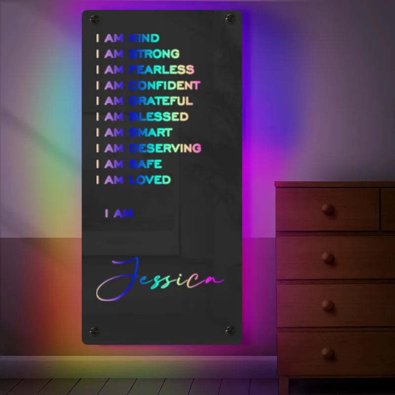 Personalisiertes Namensspiegelschild, Optionale Vorlagen, Neonschild Mit Led-lichtern, Individueller Text, Mehrfarbiges Leuchten, Wanddekoration, Geschenk Für Familie - dephotoblanket