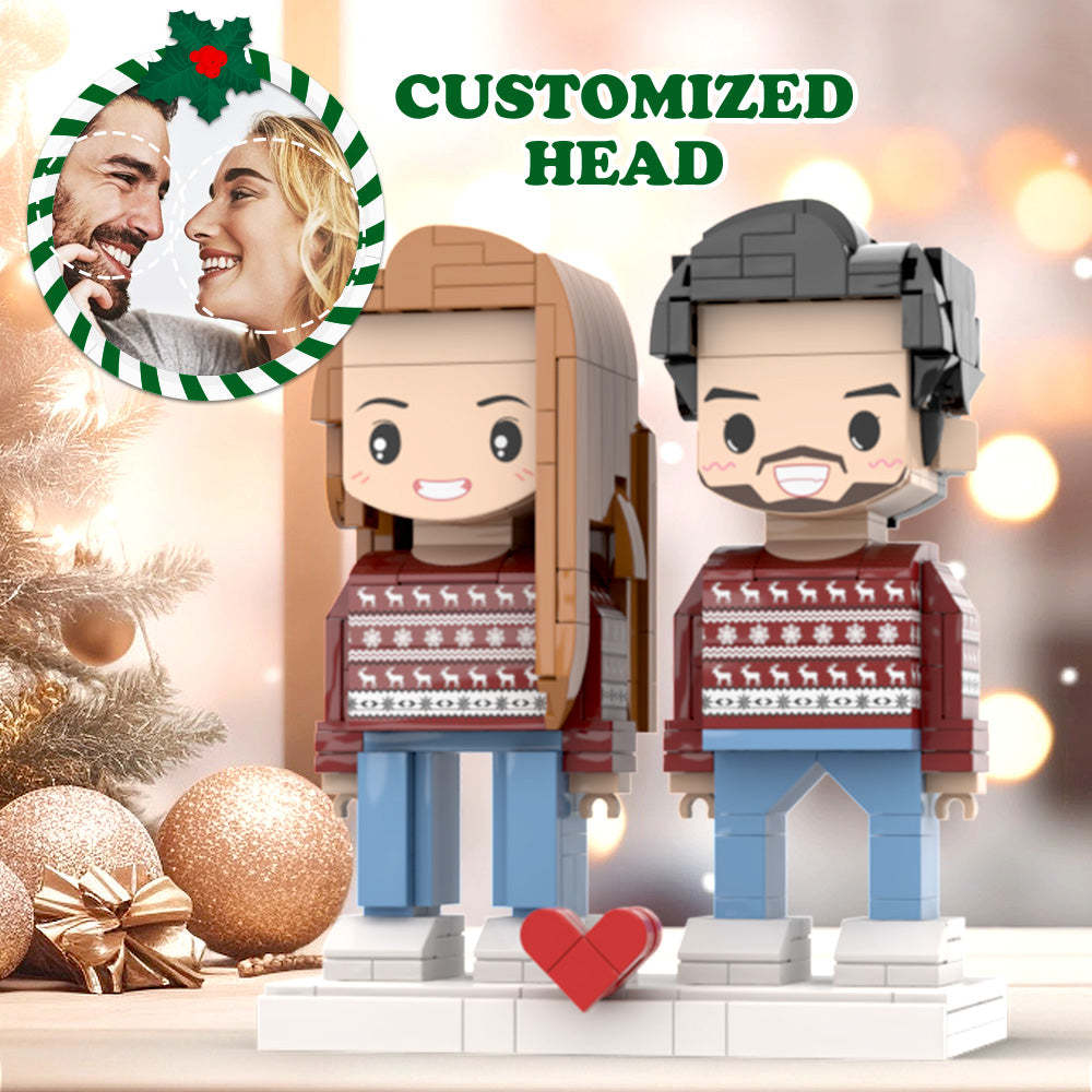 Hässlicher Weihnachtspullover Mit Passendem Rentierpaar, Individuell Anpassbare Ziegelfiguren Mit Gesicht, Anpassbarer Kopf, 2 Personen, Individuelle Ziegelfiguren - dephotoblanket