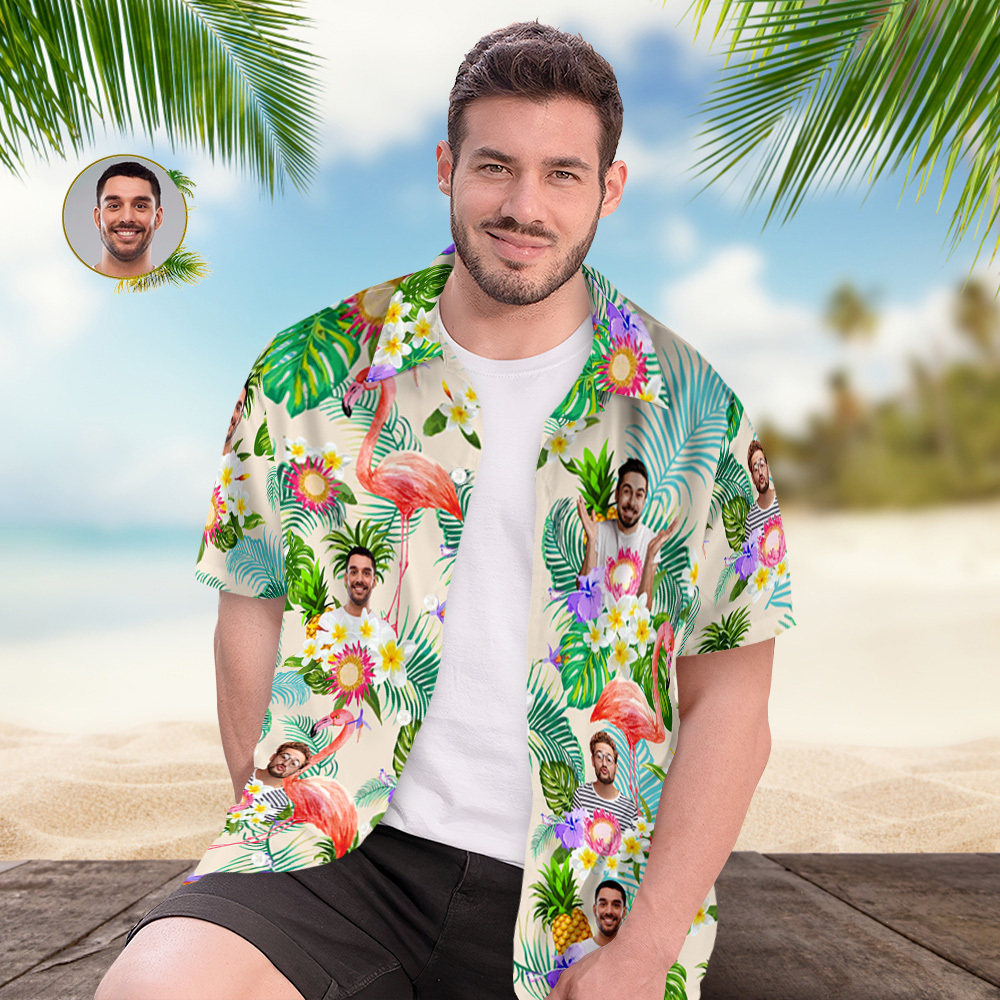 Kundenspezifisches Foto-lustiges Menschliches Aloha-hawaii-hemd-sonnenblumen-flamingo-hemd - dephotoblanket