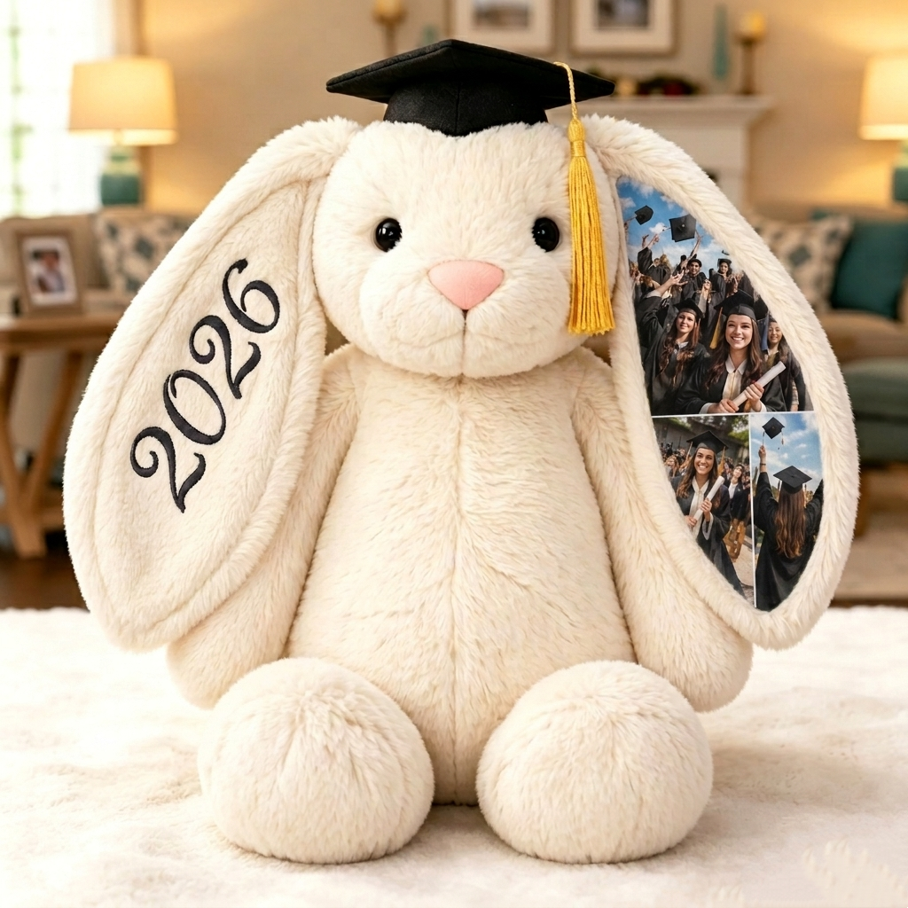 Benutzerdefinierter Fotohase Aus Plüsch, Personalisierter Memory-Hase Mit Verstecktem Ohr Und Abschlusskappe, Geschenk Zum Jahrgang 2026 - dephotoblanket