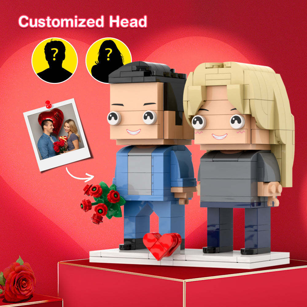 Valentinstag-paar Mit Rosengeschenk, Ziegelfiguren, Personalisierte Paare, Ziegelfiguren, Kleiner Partikelblock - dephotoblanket