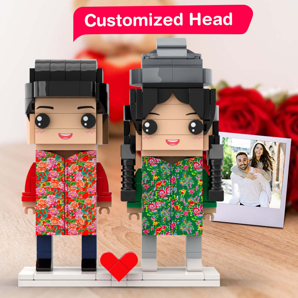 Klassisches, Passendes Vintage-hemd, Rote Blumen Und Grüne Blätter, Geschenk, Ziegelfiguren, Personalisierte Paare, Ziegelfiguren, Kleines Partikelblock-geschenk Für Ihren Freund - dephotoblanket