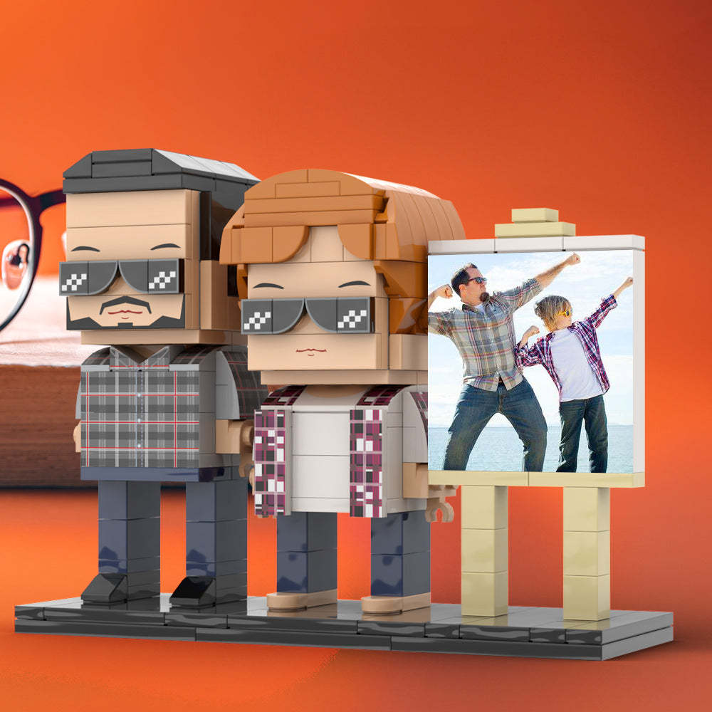 Ganzkörper-anpassbares 2-personen-papa Und Sein Sohn Posieren In Richtung Sonne, Fotorahmen, Personalisierbar, Individuelle Ziegelfiguren, Kleines Partikel-blockspielzeug, Personalisierbar Für Den Vatertag - dephotoblanket