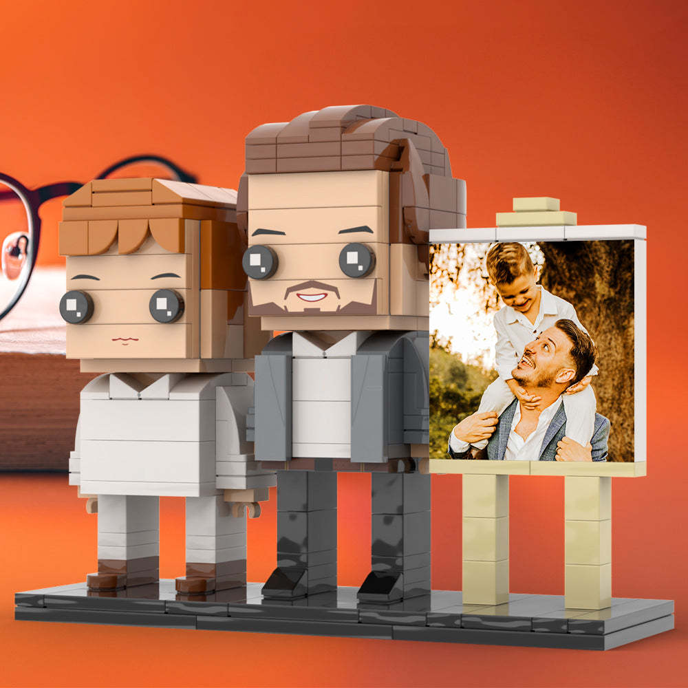Anpassbarer Ganzkörper-fotorahmen Für 2 Personen, Kleiner Sohn Sitzt Auf Papas Schulter, Personalisierte Ziegelfiguren, Kleines Partikelblock-spielzeug, Personalisierbar Für Den Vatertag - dephotoblanket