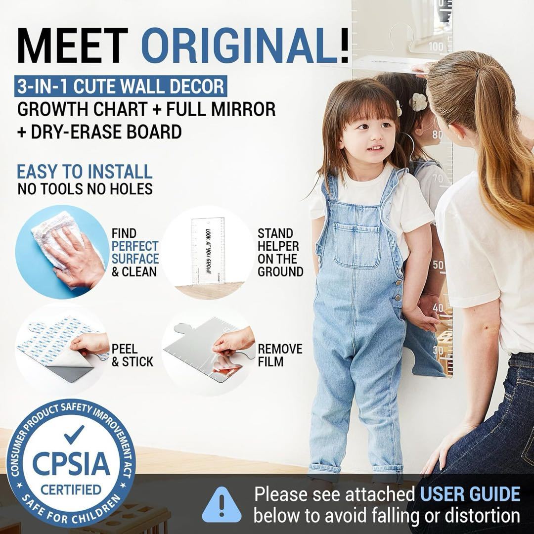 Acrylic Mirror Growth Chart Wall Sticker Kids Height Measurement Ruler in Inches & cm, Decal for Family Baby Room, Nursery, Kindergarten - dephotoblanket