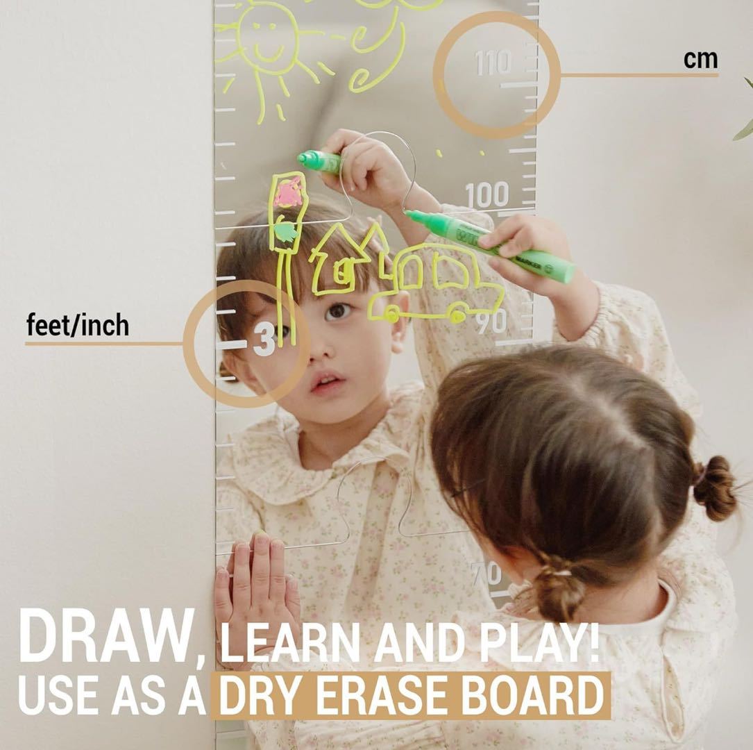 Acrylic Mirror Growth Chart Wall Sticker Kids Height Measurement Ruler in Inches & cm, Decal for Family Baby Room, Nursery, Kindergarten - dephotoblanket
