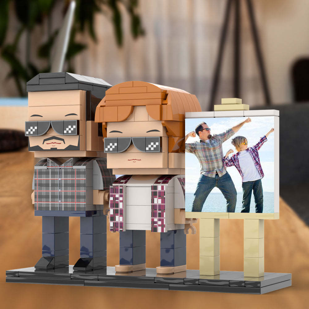 Ganzkörper-anpassbares 2-personen-papa Und Sein Sohn Posieren In Richtung Sonne, Fotorahmen, Personalisierbar, Individuelle Ziegelfiguren, Kleines Partikel-blockspielzeug, Personalisierbar Für Den Vatertag - dephotoblanket