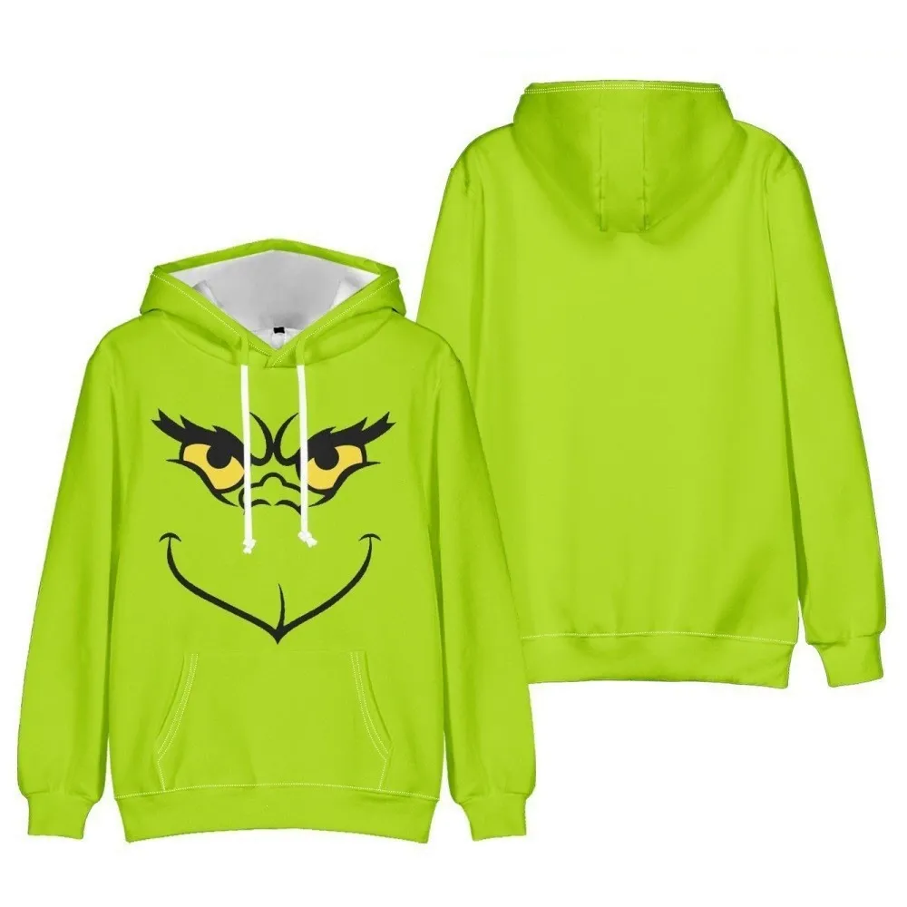 Lustiger Kapuzenpullover Mit Grünem Monstergesicht – Weihnachtspullover Mit Grafischem Smirk & Grumpy Face-Aufdruck, Festliche Feiertags-Cosplay-Bekleidung - dephotoblanket