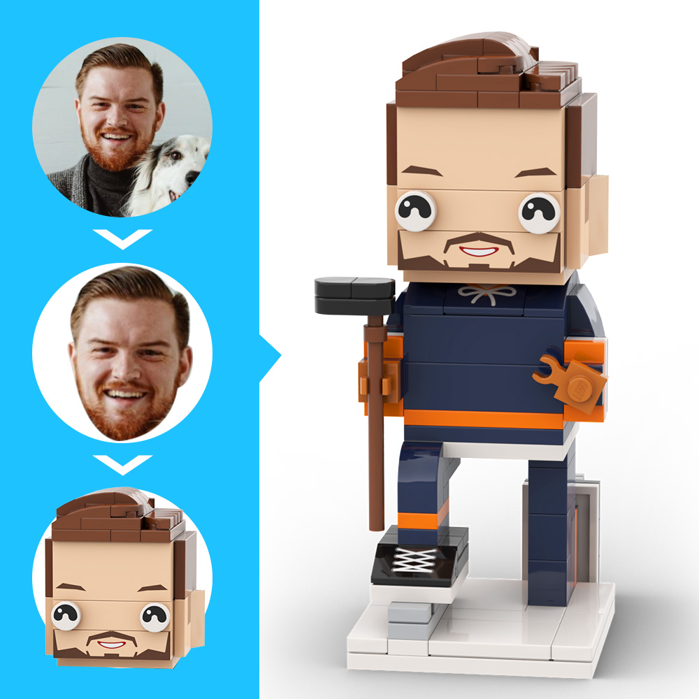 Personalisierte Kopffigur Aus Ziegelsteinen: Hockeyspieler Kniet Am Boden – Geschenk Zur Feier Des Berufs