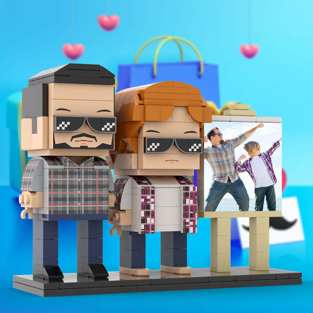 Ganzkörper-anpassbares 2-personen-papa Und Sein Sohn Posieren In Richtung Sonne, Fotorahmen, Personalisierbar, Individuelle Ziegelfiguren, Kleines Partikel-blockspielzeug, Personalisierbar Für Den Vatertag - dephotoblanket