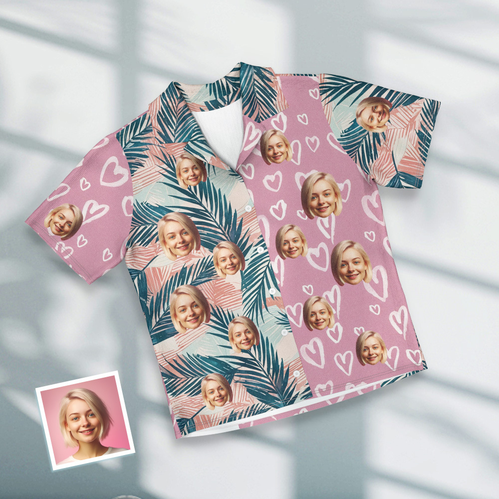 Benutzerdefiniertes Gesicht Kurzarm-pyjama, Personalisierter Blätter-pyjama Für Damen Und Herren, Rosa Nachtwäsche - dephotoblanket