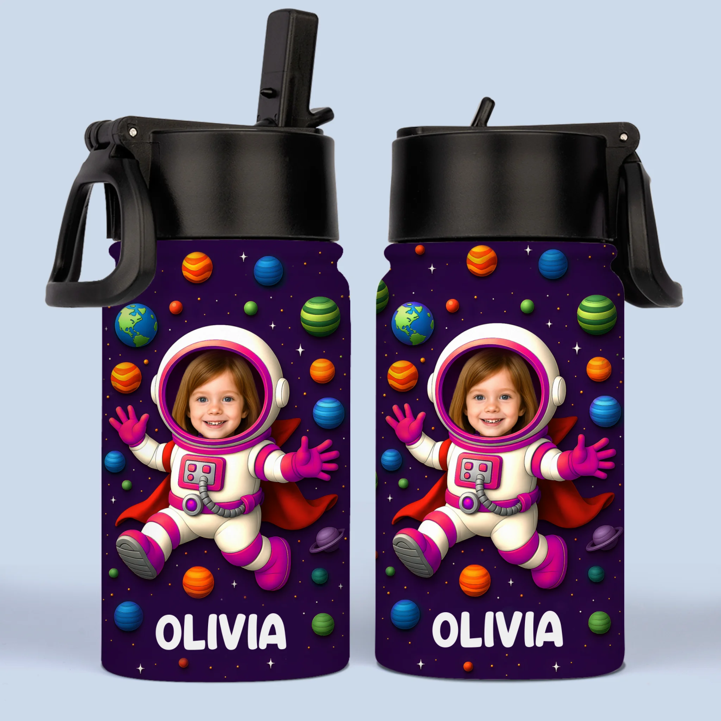 Benutzerdefiniertes Foto 3d-aufgeblasene Effekt Bedruckte Kinderwasserflasche - Personalisierte Geschenke Zum Schulanfang Für Kinder - Träume Starten Jenseits Der Sterne - dephotoblanket