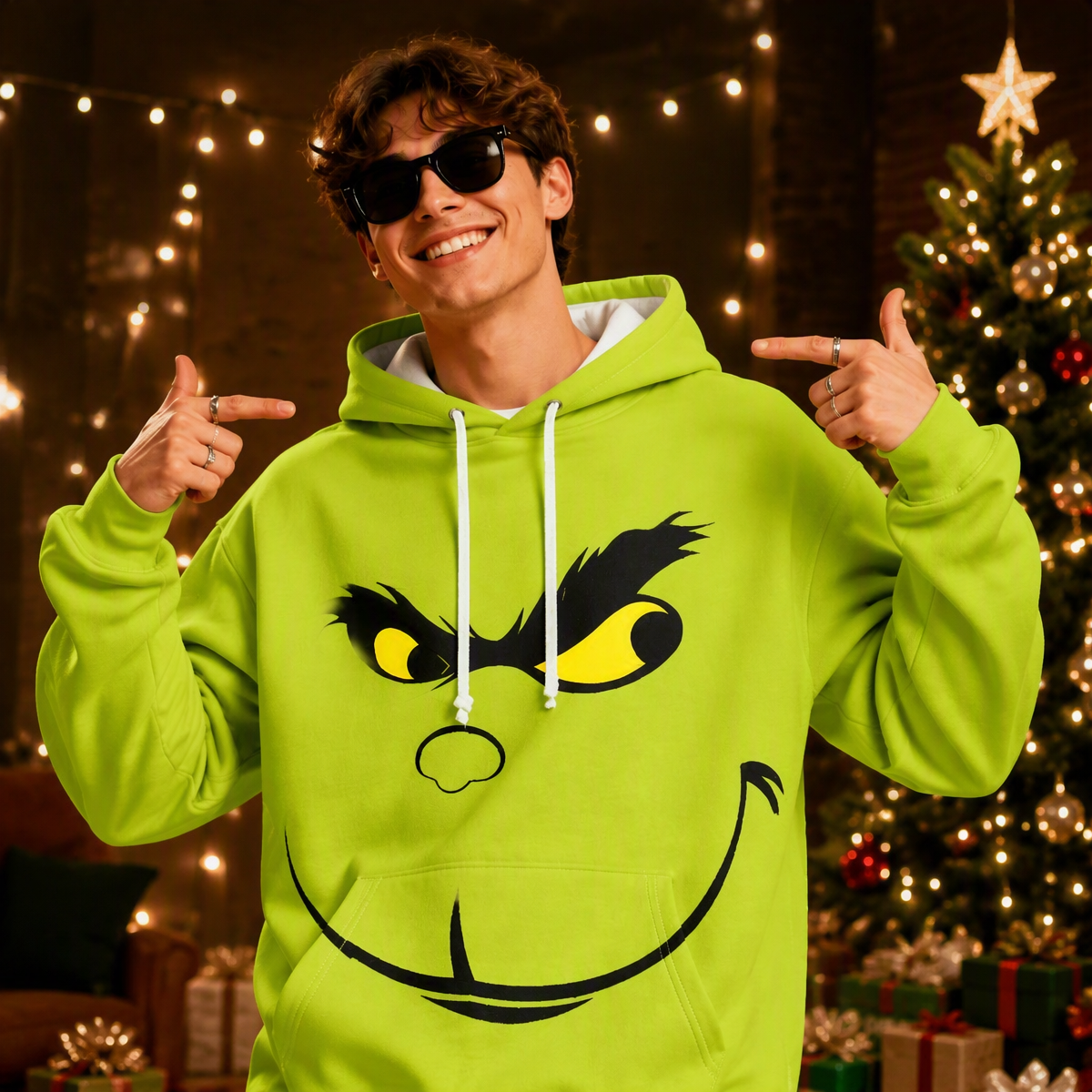 Lustiger Kapuzenpullover Mit Grünem Monstergesicht – Weihnachtspullover Mit Grafischem Smirk & Grumpy Face-Aufdruck, Festliche Feiertags-Cosplay-Bekleidung - dephotoblanket