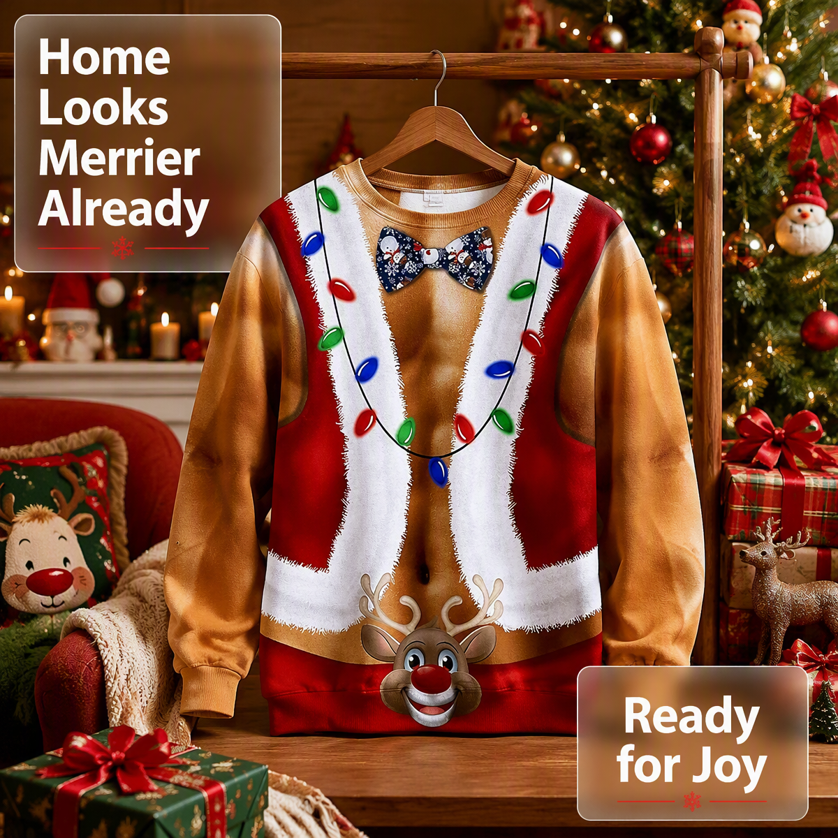 Lustiger Zerrissener Hässlicher Weihnachtspullover Mit Weihnachtsmann-Muskeln Und Bauchmuskeln – 3D-gedrucktes Weihnachtslichter- Und Rentier-Fliege-Sweatshirt, Originelles Weihnachts-Party-Outfit - dephotoblanket