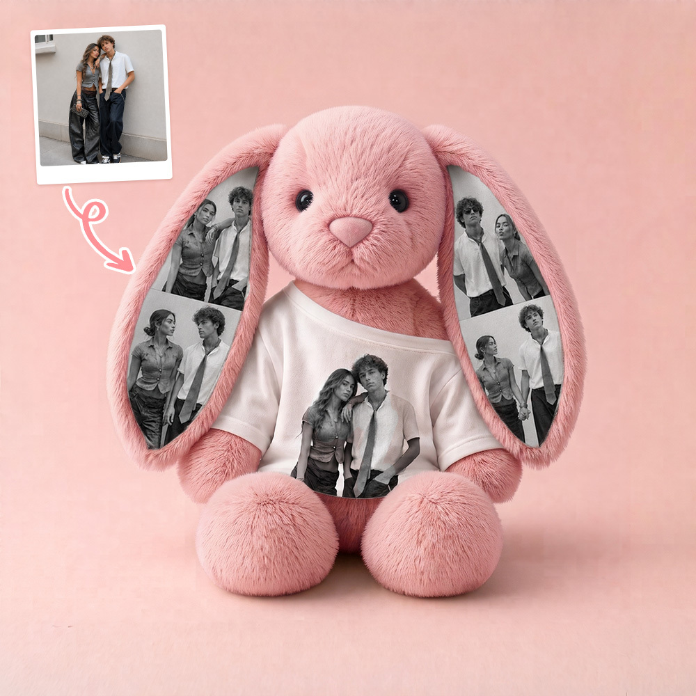 Personalisierter Plüschhase Mit Ihren Fotos – Individuell Bedrucktes Hasenspielzeug Mit Ohren Und Hemd, Süßes Erinnerungsgeschenk Für Paare Und Kinder - dephotoblanket