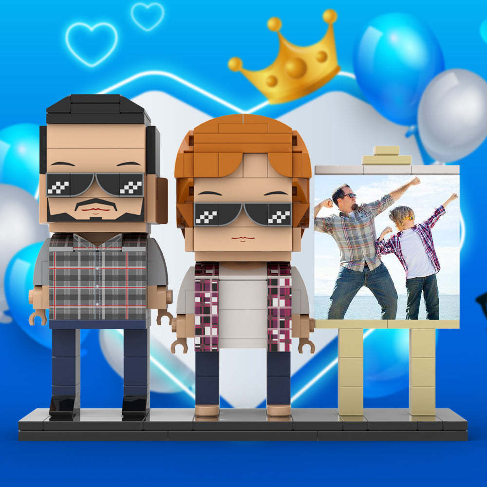 Ganzkörper-anpassbares 2-personen-papa Und Sein Sohn Posieren In Richtung Sonne, Fotorahmen, Personalisierbar, Individuelle Ziegelfiguren, Kleines Partikel-blockspielzeug, Personalisierbar Für Den Vatertag - dephotoblanket