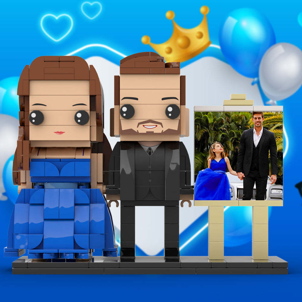 Ganzkörper-anpassbarer 2-personen-vater Und Seine Tochter Im Perfekten Blauen Kleid-fotorahmen, Personalisierte, Individuelle Ziegelfiguren, Kleines Partikelblockspielzeug, Personalisiert Für Den Vatertag - dephotoblanket