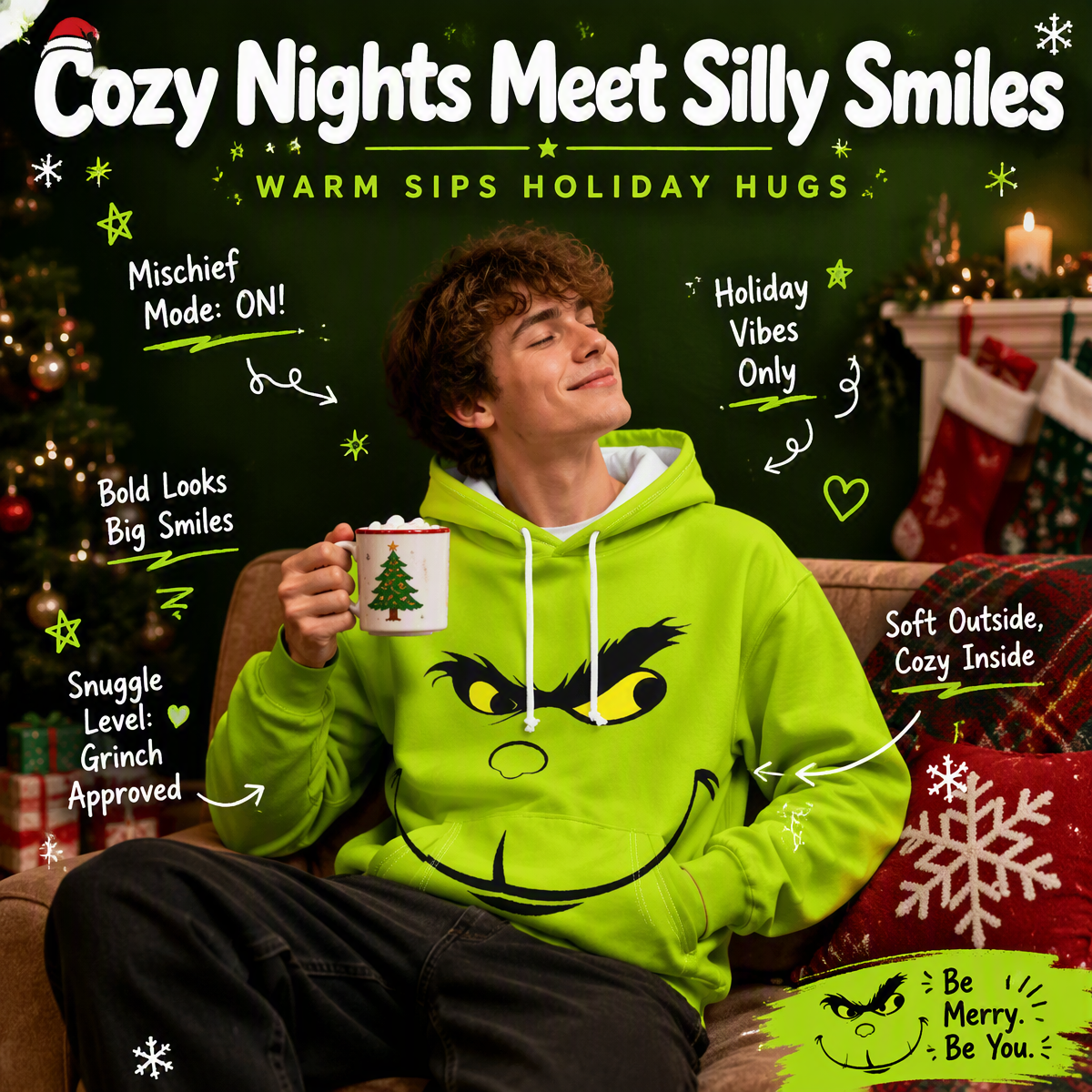 Lustiger Kapuzenpullover Mit Grünem Monstergesicht – Weihnachtspullover Mit Grafischem Smirk & Grumpy Face-Aufdruck, Festliche Feiertags-Cosplay-Bekleidung - dephotoblanket