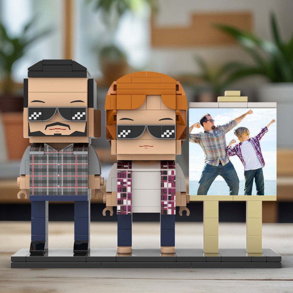 Ganzkörper-anpassbares 2-personen-papa Und Sein Sohn Posieren In Richtung Sonne, Fotorahmen, Personalisierbar, Individuelle Ziegelfiguren, Kleines Partikel-blockspielzeug, Personalisierbar Für Den Vatertag - dephotoblanket