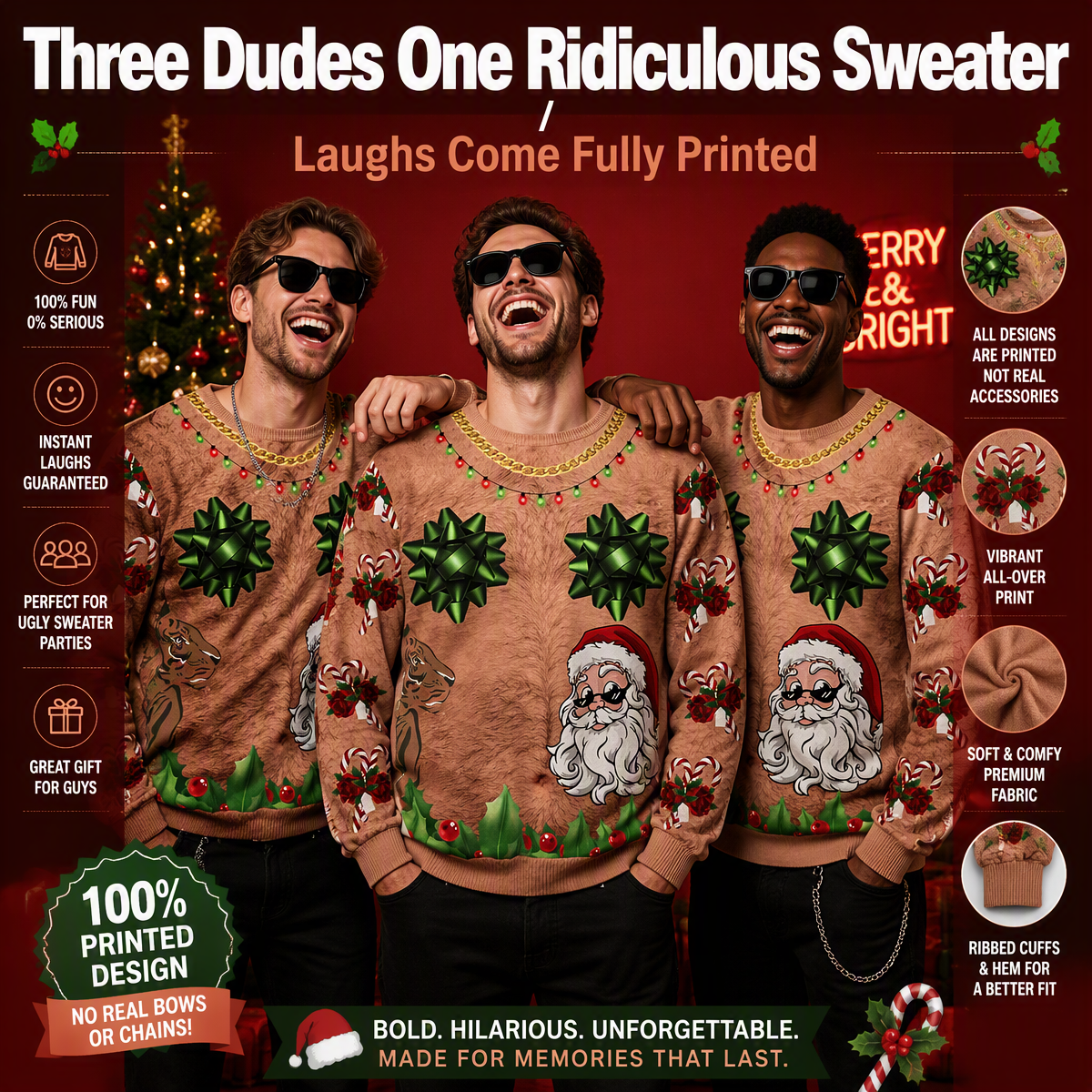 Lustiger Hässlicher Weihnachtspullover Mit Schleife Auf Der Brust – 3D-gedrucktes Sweatshirt Mit Zuckerstangen- Und Weihnachtsmann-Tattoo-Grafik, Originelles Weihnachtsgeschenk-Oberteil - dephotoblanket
