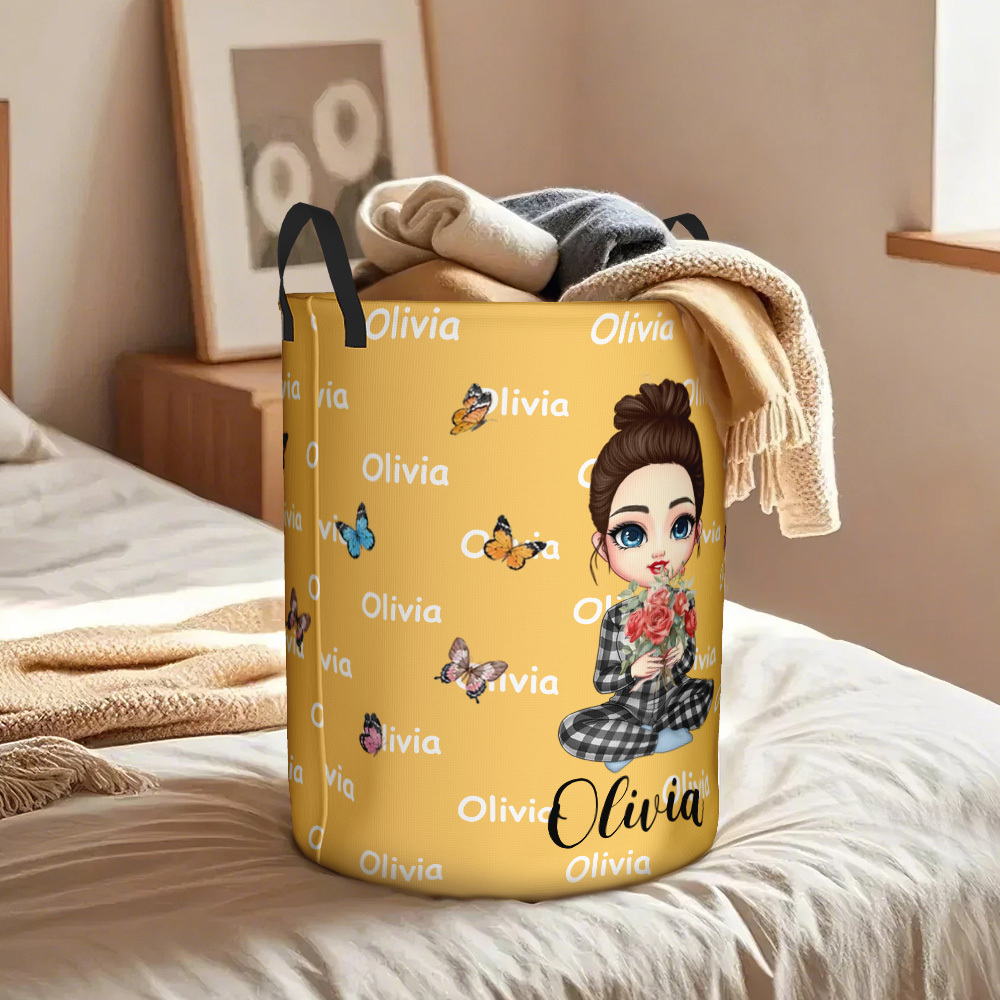 Personalisierter Schmetterlings-aufbewahrungskorb, Cartoon-figur, Geburtsblume, Name, Wäschekorb - dephotoblanket