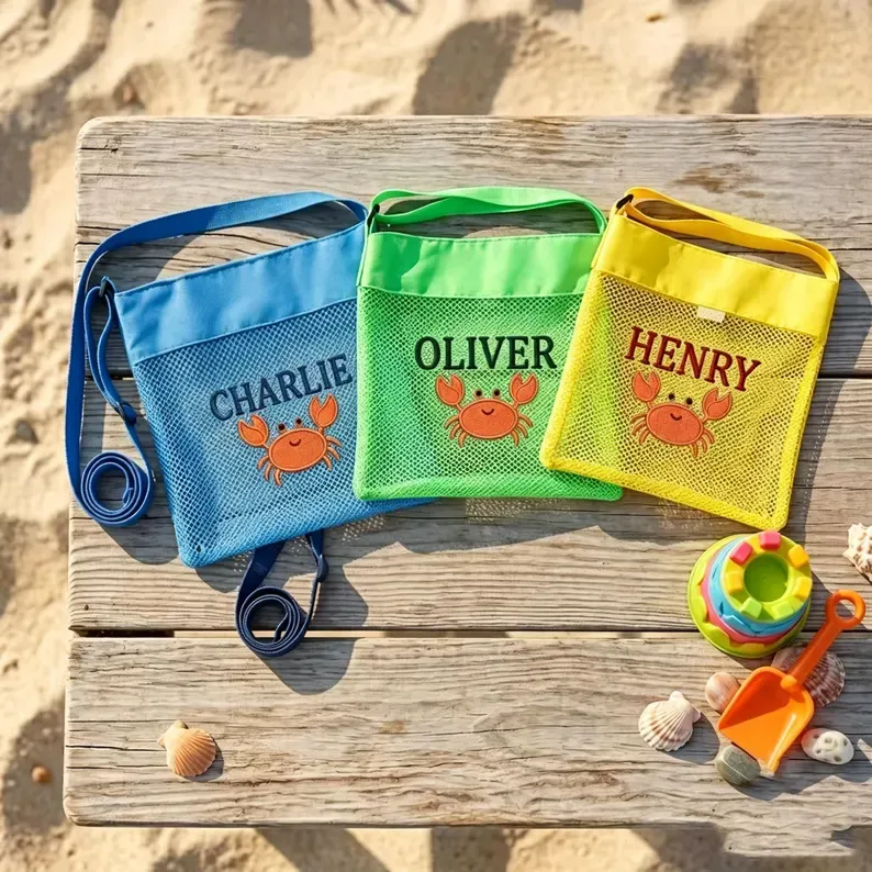 Personalisierte Bestickte Netz-Strandtasche, Individuelle Tragetasche Mit Namen Und Muschel-Kollektion Für Kinder, Sommerurlaub, Geburtstagsgeschenk, Pooltasche, Geschenk Für Kinder - dephotoblanket
