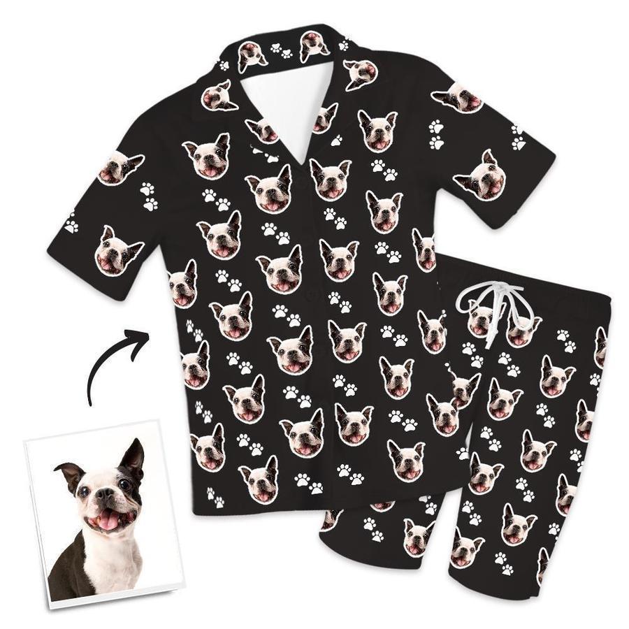 Personalisierter Pyjama Mit Hundegesicht Und Fußabdrücken, Personalisierter Kurzpyjama Mit Foto - dephotoblanket