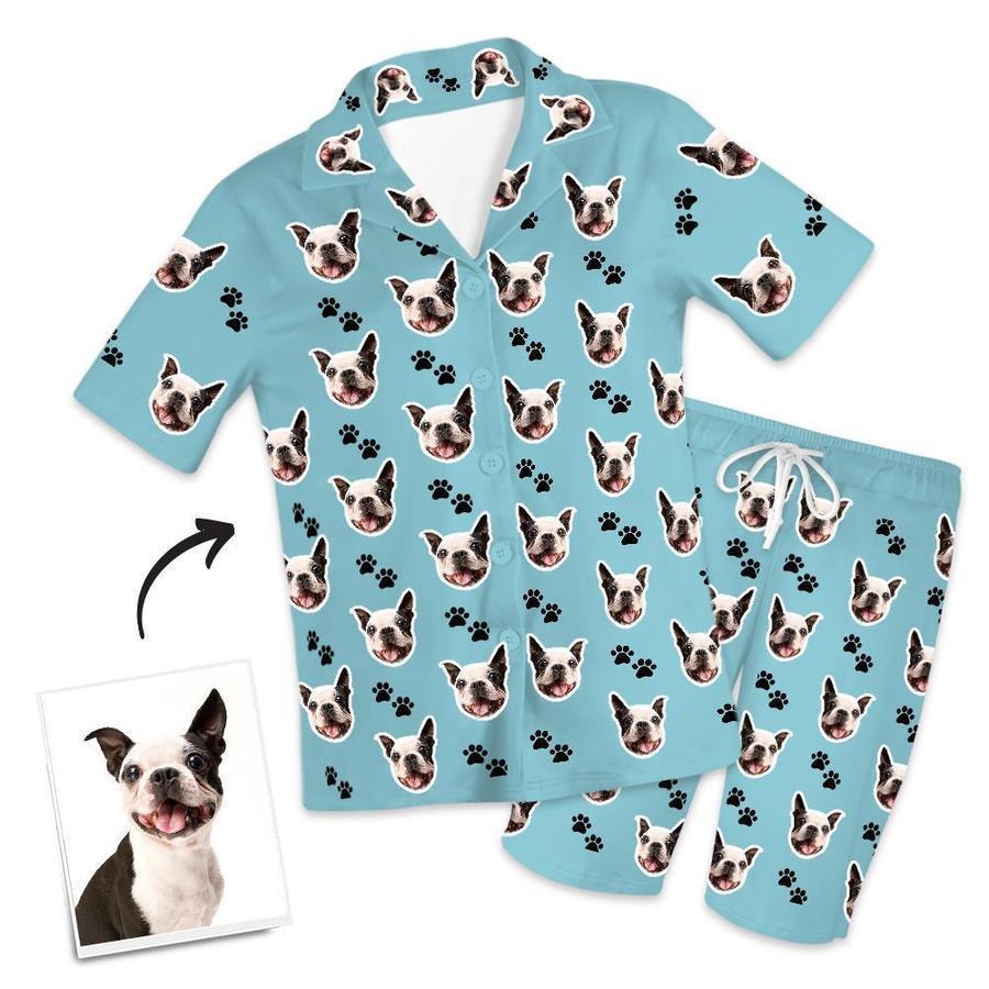 Personalisierter Pyjama Mit Hundegesicht Und Fußabdrücken, Personalisierter Kurzpyjama Mit Foto - dephotoblanket