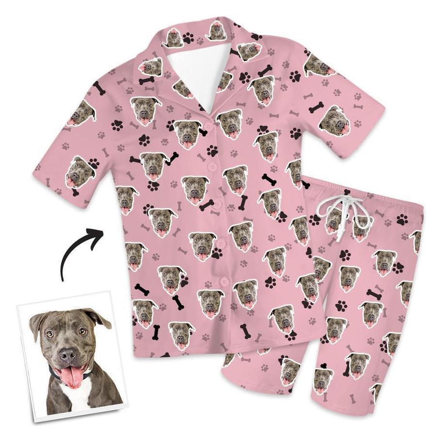 Personalisierter Schlafanzug Mit Hundegesicht, Kurzärmelig, Personalisierter Schlafanzug Mit Haustierknochen - dephotoblanket