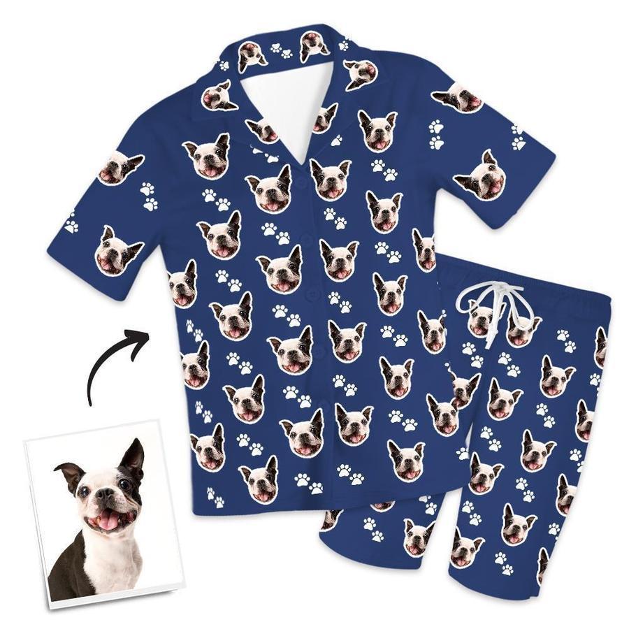 Personalisierter Pyjama Mit Hundegesicht Und Fußabdrücken, Personalisierter Kurzpyjama Mit Foto - dephotoblanket