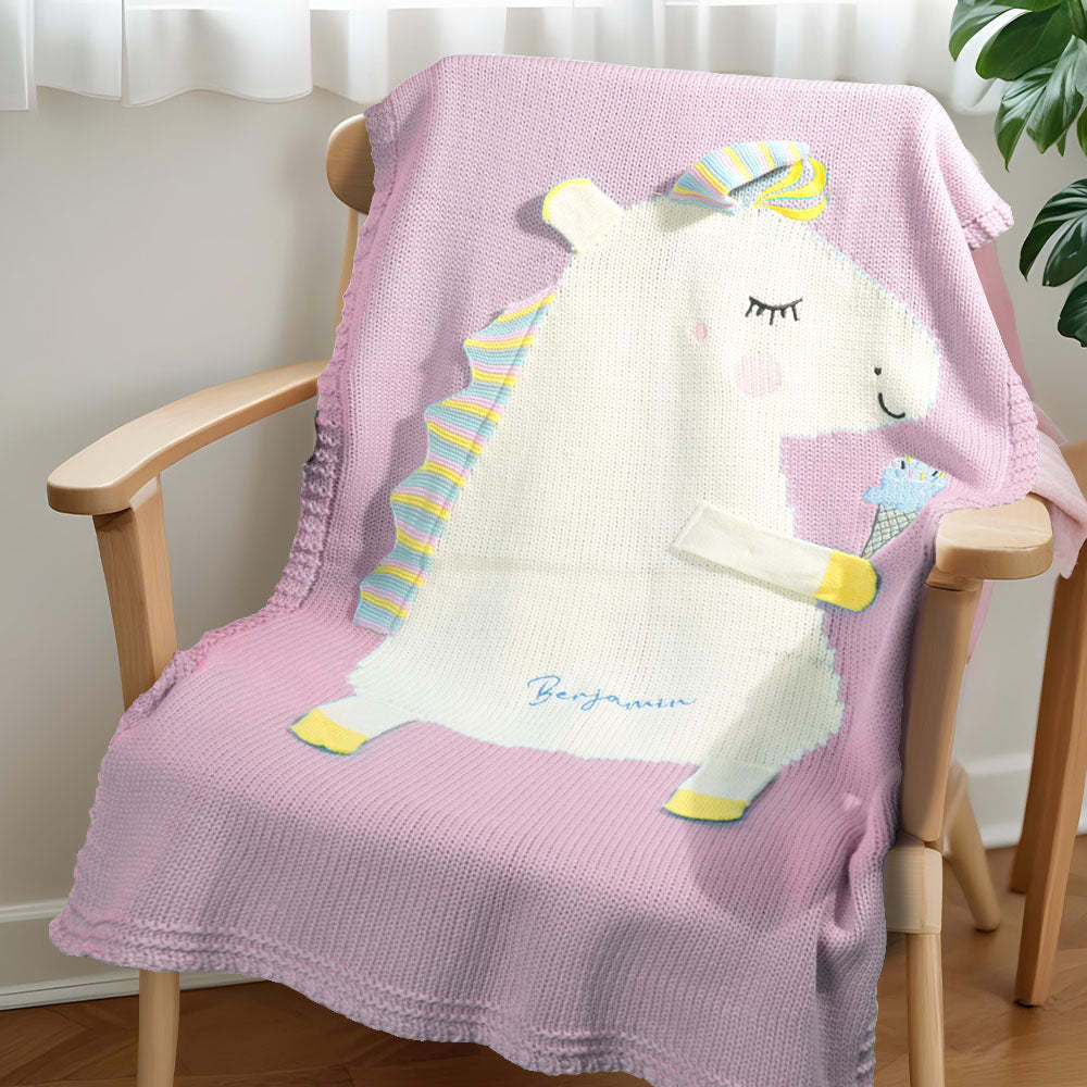 Personalisierte Strickdecke, Einhorndecke Mit Gesticktem Namen, Geschenk Für Baby - dephotoblanket