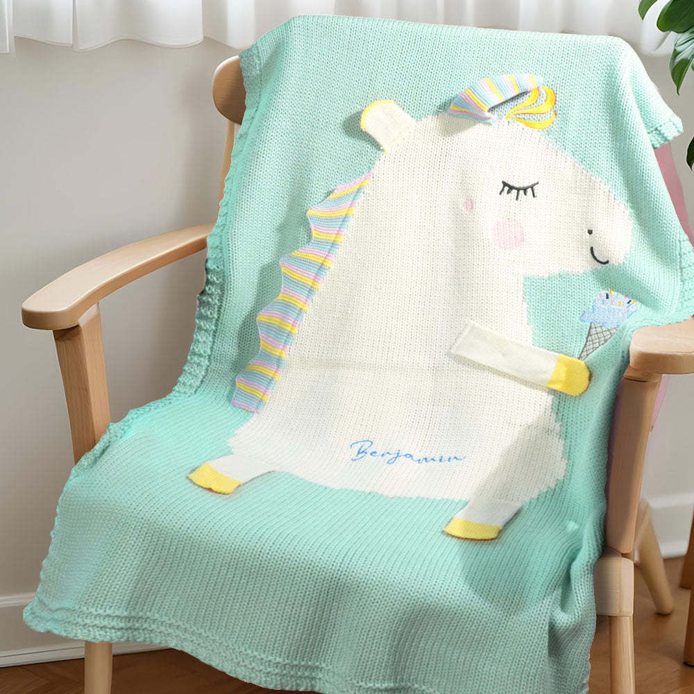 Personalisierte Strickdecke, Einhorndecke Mit Gesticktem Namen, Geschenk Für Baby - dephotoblanket