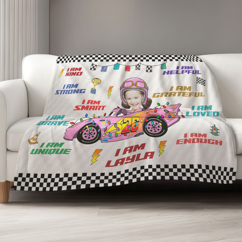 Personalisiertes Kindergesicht Autospielzeug Affirmationsgeschenk - Personalisierte Fotodecke - dephotoblanket