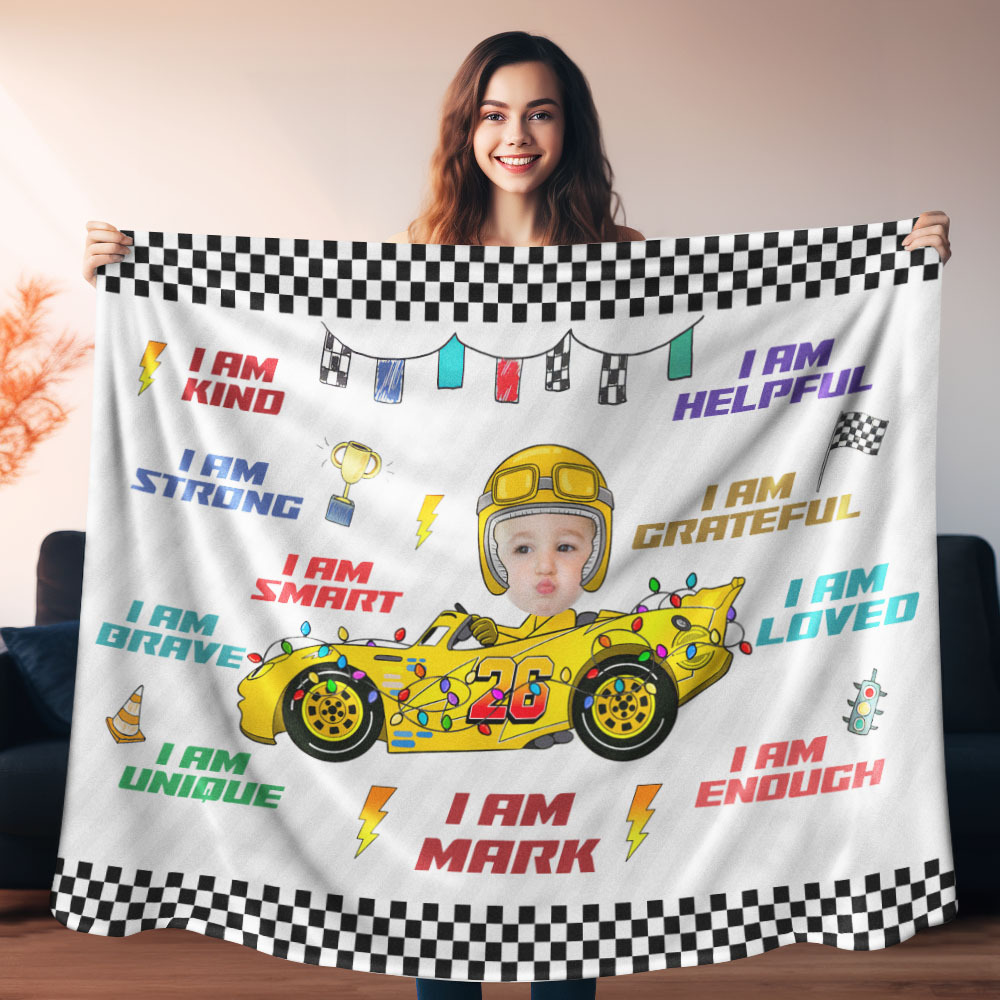 Personalisiertes Kindergesicht Autospielzeug Affirmationsgeschenk - Personalisierte Fotodecke - dephotoblanket