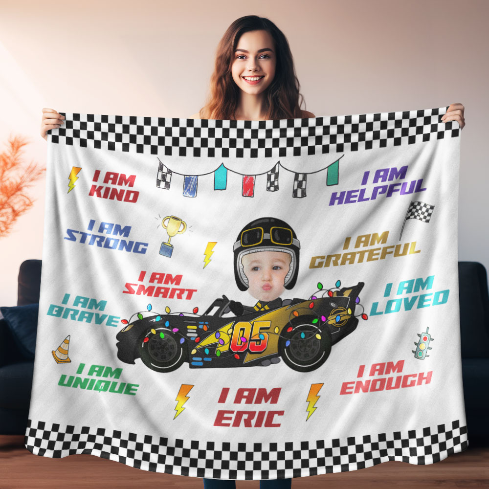 Personalisiertes Kindergesicht Autospielzeug Affirmationsgeschenk - Personalisierte Fotodecke - dephotoblanket