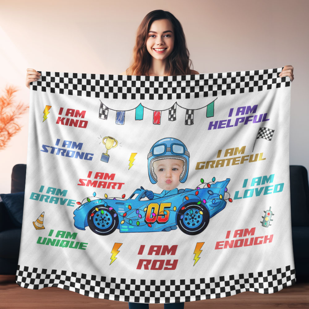 Personalisiertes Kindergesicht Autospielzeug Affirmationsgeschenk - Personalisierte Fotodecke - dephotoblanket