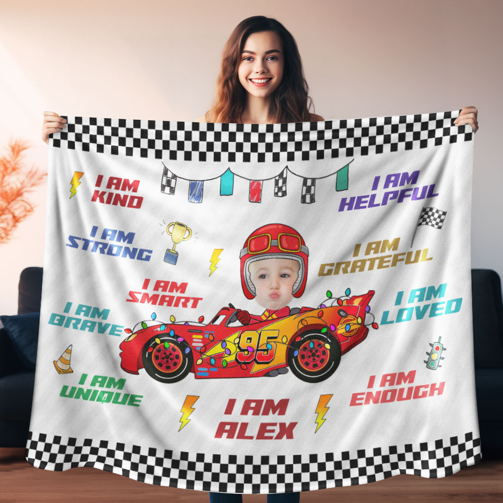 Personalisiertes Kindergesicht Autospielzeug Affirmationsgeschenk - Personalisierte Fotodecke - dephotoblanket