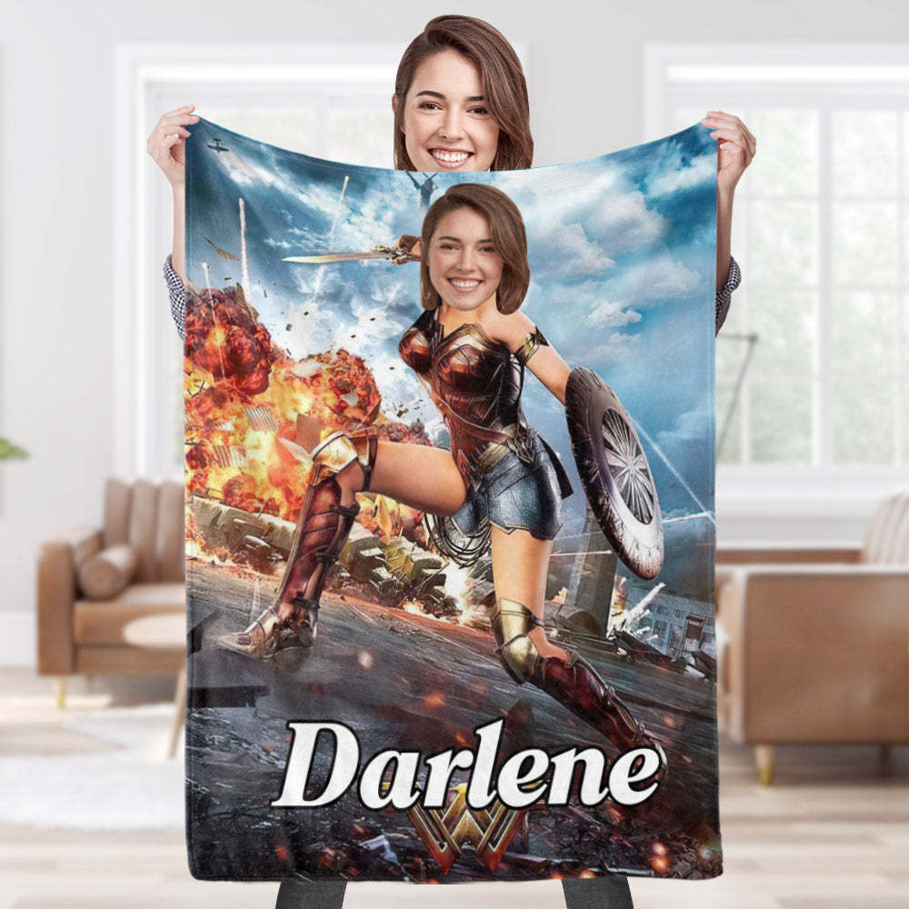 Benutzerdefinierte Gesichtsdecke Personalisiertes Foto Und Text Supersoldat Wonder Woman Decke Minime Decke Bestes Geschenk Für Ihn - dephotoblanket