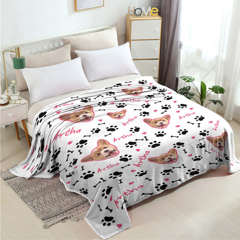 Kundenspezifische Hundegesichts-decke Hundepfoten Und Knochen-stachel-rosa-personalisierte Haustier-foto- Und Text-decke - dephotoblanket